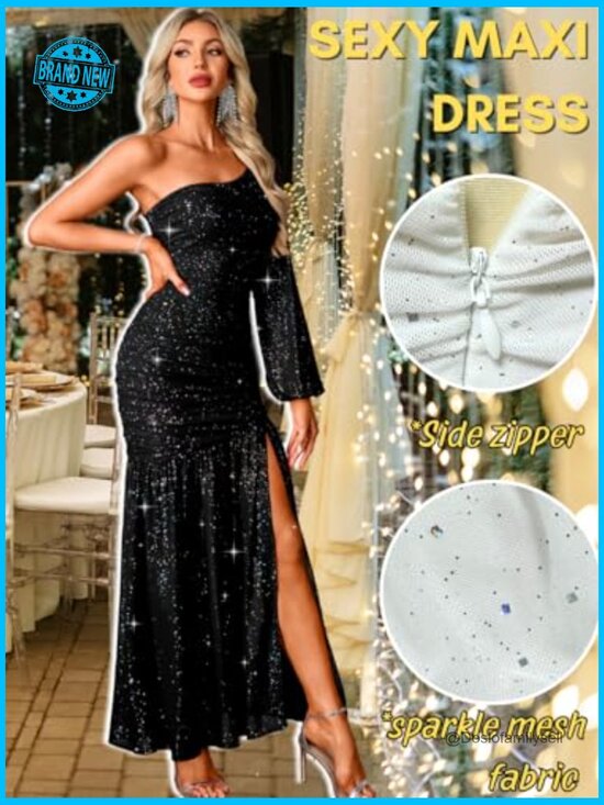Sparkly Sequin Prom Dress One Shoulder Ruched High Slit Formal Evening Gown - Picture 3 of 7